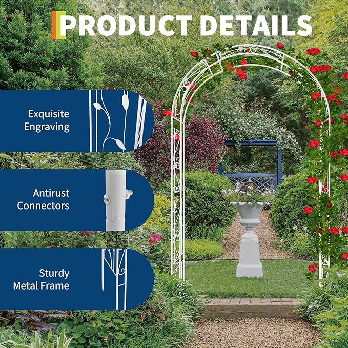 Metal Arch Backdrop Stand, Wedding Arch Frame for Wedding Decorations, Balloon Arch Stand with Stakes for Ceremony, Christmas, Outdoor Garden Arch Arbor Trellis for Climbing Plants, White