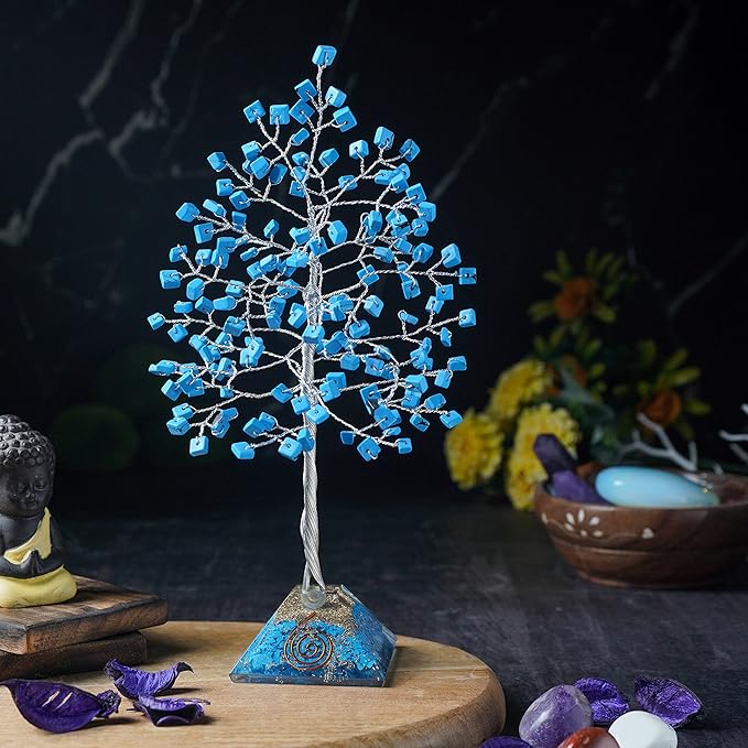 Turquoise Crystal Tree with Orgone Pyramid Base Desk Decor Healing Crystals Bonsai Tree Gifts for Women Office & Shelf Home Room Decor for Mom Sister Girlfriend Present Housewarming