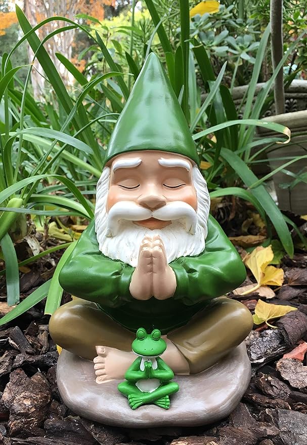 GlitZGlam Zen Gnome and Zen Frog - Namaste– Tranquility and Peacefulness for Your Fairy Garden and Garden Gnomes A Large 9¼ Inches Tall Miniature Gnome Figurine