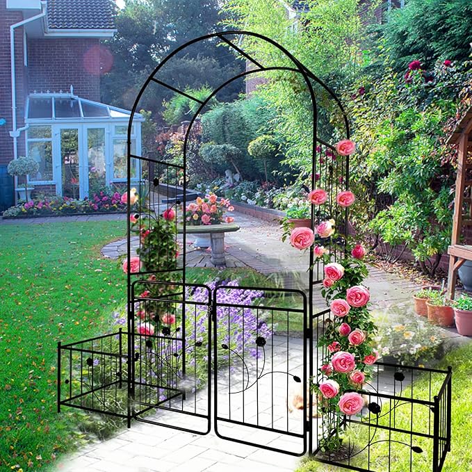 Metal Garden Arbor Arch with Gate and Plant Box, 86.6" H Garden Trellis Wedding Arch Party Decoration for Outdoor Lawn Climbing Plants Support Roses Vines