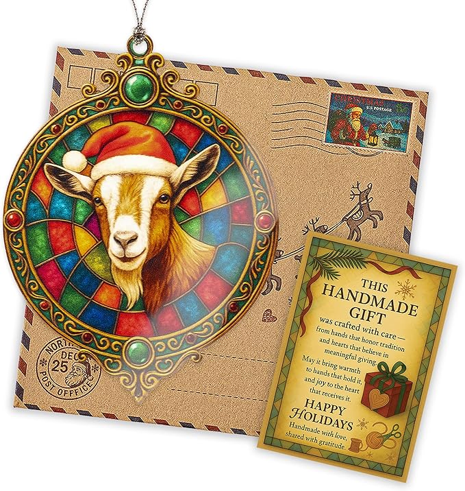 Goat Ornament – Farm Animal Christmas Decor – Funny Holiday Goat Gift – Rustic Farmhouse Ornament – Suncatcher Effect Window – White Elephant Gifts - Xmas Tree Funny Decoration