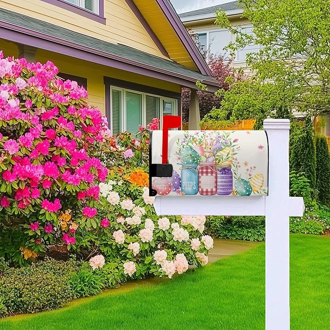 Easter Magnetic Mailbox Cover Bunny Mailbox Covers Standard Size 21x18 in Spring Floral Post Letter Box Cover Waterproof Oxford Outdoor Farmhouse Garden Yard Decor Beautiful Jars Eggs