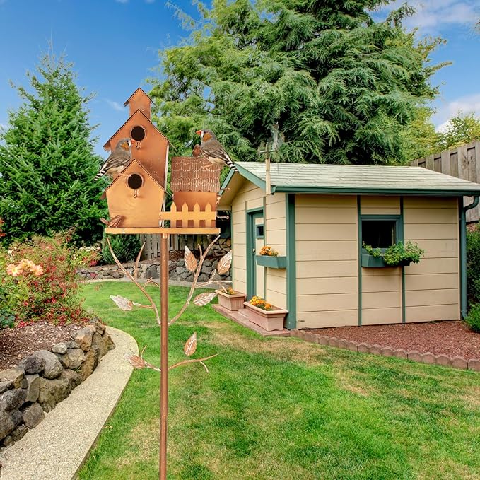 75" Large Copper Colored Multi-Birdhouse Stakes - Metal Bird Houses Stake with Pole for 4 Bird Families in Each for Outdoor Patio Yard Garden Decoration