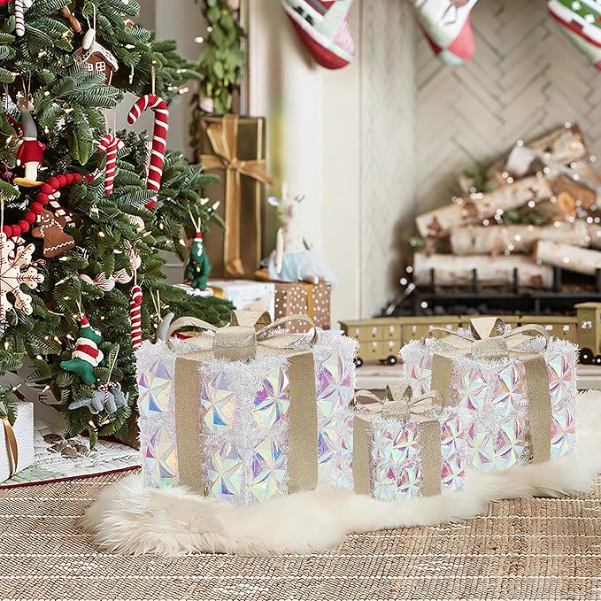 LuxenHome Set of 3 Lighted Gift Boxes, Plug-in Silver Prism with Gold Ribbon Bow Boxes with 70 LED Lights for Entryway, Lawn, Porch, Under Tree Indoor, Outdoor Christmas Decoration