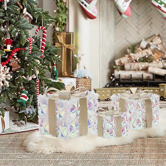 LuxenHome Set of 3 Lighted Gift Boxes, Plug-in Silver Prism with Gold Ribbon Bow Boxes with 70 LED Lights for Entryway, Lawn, Porch, Under Tree Indoor, Outdoor Christmas Decoration