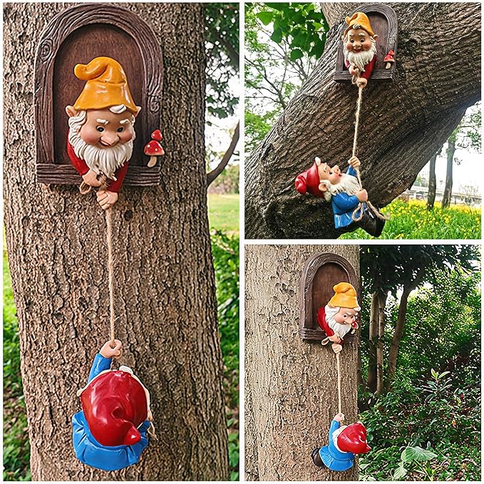 Climbing Gnome Tree Face Outdoor Decor,Adorable Elf Fairy Door Statue, Whimsical Garden Gnomes Decorations for Yard and Patio Art