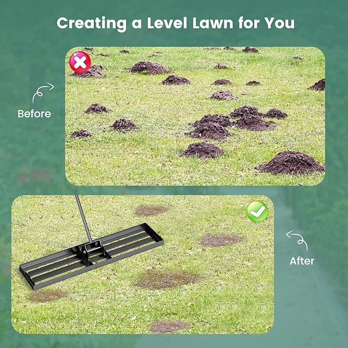 Goplus Lawn Leveling Rake, 42" x 10" Heavy Duty Level Lawn Tool w/ Ergonomic Handle for Soil, Effort-Saving Landscape Rake for Garden, Backyard, Golf Course, Farm, Pasture, Black