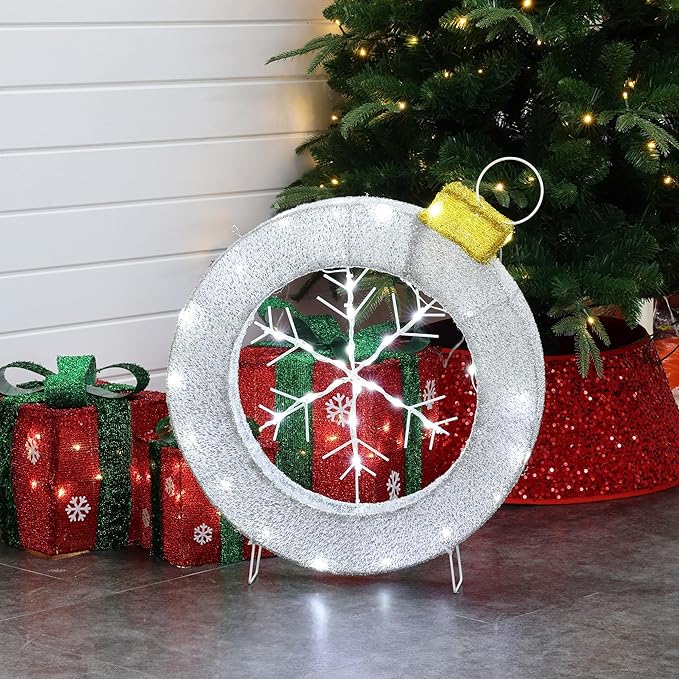 LuxenHome 2Ft Lighted Christmas Wreath, Christmas Outdoor Decorations, Large Wreath with LED Lights, Snowflake Ornament Wreath for Indoor, Lawn, Yard, Garden, Holiday Decor