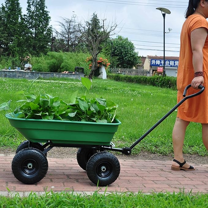 Red Metal Wheelbarrow, Easy Loading and Dumping Garden Cart with Steel Tray, Durable Heavy Duty Utility Trolley for Transporting, Soil, Sand (Green, 4 Wheels-55L)