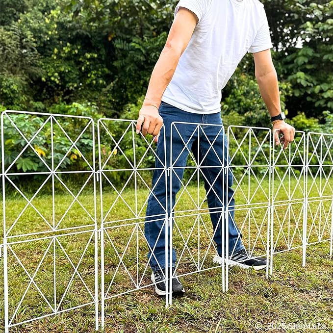 ShopLaLa Decorative Garden Fence (10 Panels) 12.5in(L) x 31in(H) Animal Barrier Fencing Rustproof White Metal Wire Flower Edging for Landscape, Dog Yard Gates Fences Tall No Dig Outdoor Decor D-F30B