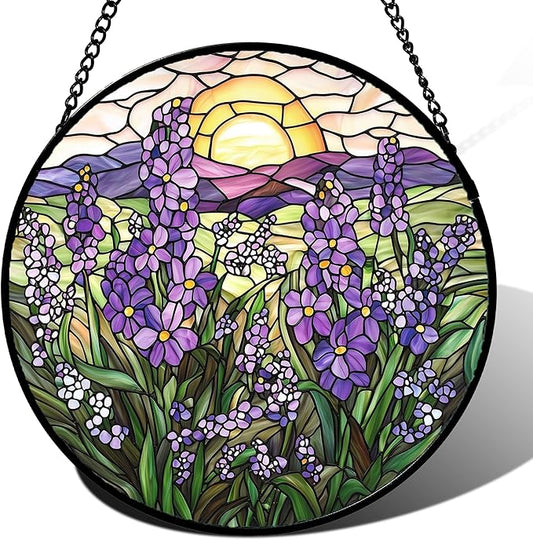 Stained Glass Window Hanging - Purple Lavender Suncatcher for Door Terrace Garden Home Decor Plant Flowers Landscape Sun Catcher Birthday Gifts for Lovers Women Men Dad Mom Nana 7.8 in