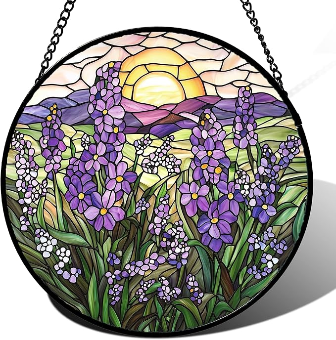 Stained Glass Window Hanging - Purple Lavender Suncatcher for Door Terrace Garden Home Decor Plant Flowers Landscape Sun Catcher Birthday Gifts for Lovers Women Men Dad Mom Nana 6.3 in