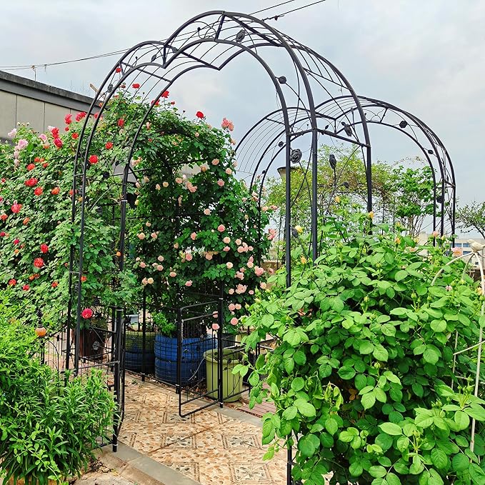 Metal Garden Arch 98.4" H Garden Arbor Trellis for Outdoor Climbing Plants Support Rose Lawn Tall Large Scale Event Arch(L, Black)