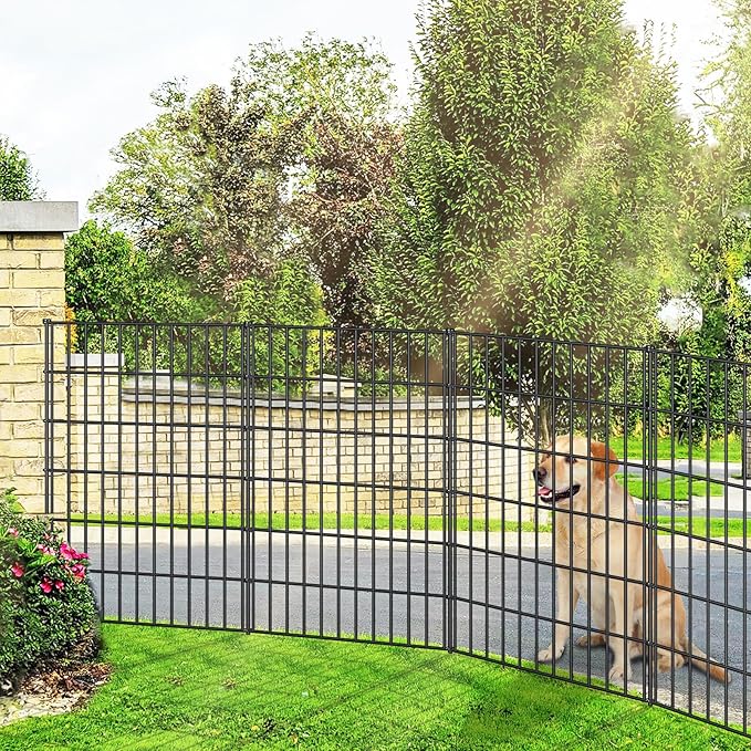 Metal Garden Fence 40in (H) x 11.7ft (L), 5 Panels + 6 Stakes Dog Fence Border Fence Animal Barrier, No Dig Garden Fencing for Yard Flower Bed Lawn Patio Outdoor, PIN402805 Black