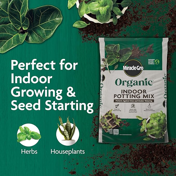 Miracle-Gro Organic Indoor Potting Mix, Protects Against Over and Under Watering, for Indoor Container Plants, Houseplants and Starter Plants, OMRI Listed, 8 qt., 3-Pack