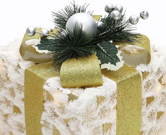 LuxenHome Set of 3 Lighted Gift Boxes, Battery Operated Snowflake Fabric with Gold Ribbon Bow Boxes for Xmas, Lawn, Porch, Under Tree Indoor, Outdoor Christmas Decorations