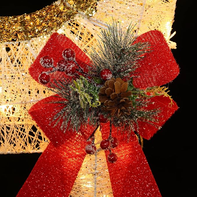 LuxenHome 3PCs Reindeer Christmas Decoration, Glitter White Mesh Indoor & Outdoor Christmas Decor with Red Bow and Pinecone, 200 Warm White LED Lights, Xmas Decorations for Front Porch, Lawn Display