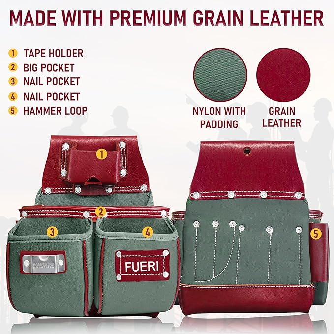 FUERI Tool Belt Heavy Duty Nylon Leather Carpenters Tool Pouches Bags Organizer for Men Construction Electricians Framers Ironworkers Women