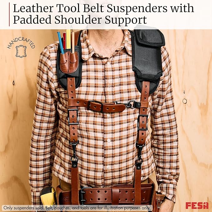 FESA Leather Tool Belt Suspenders for Men with Breathable Mesh Padding, Front Pockets & 4 Loops for Attachment to Work Belts