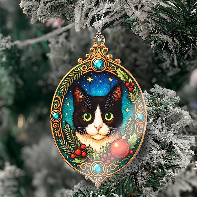 Cat Ornament – Tuxedo Cat Decor – Pet Lover Ornament – Holiday Tree Decoration – Suncatcher Effect Stained Glass Window Hanging – Car Hanging