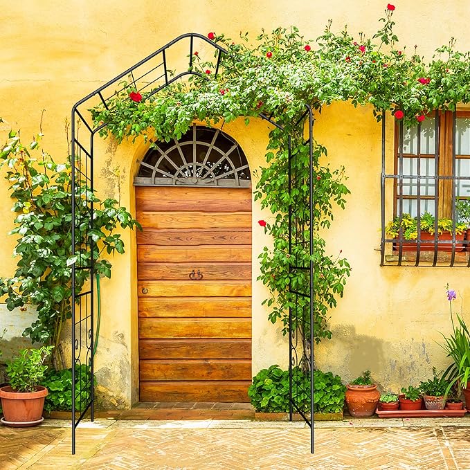 Metal Garden Arch 94.5" H Garden Arbor Trellis Climbing Plants Support Lines Pattern Arch Outdoor Lawn Wedding Party Events Archway Black