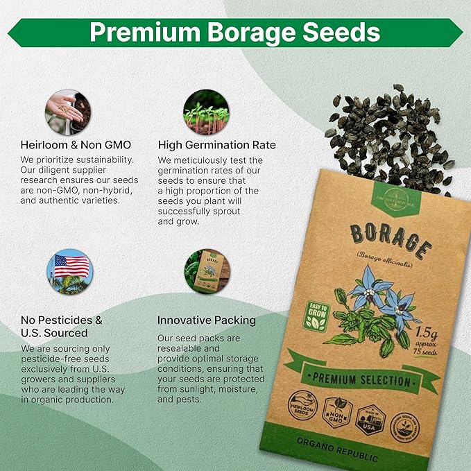 Borage Seeds Pack 1.50 G - Over 75 Non-GMO Heirloom Borage Seeds for Planting Herbs in Individual Seed Packet, Herbs Seeds for Planting Home Garden Indoor & Outdoor Gardening