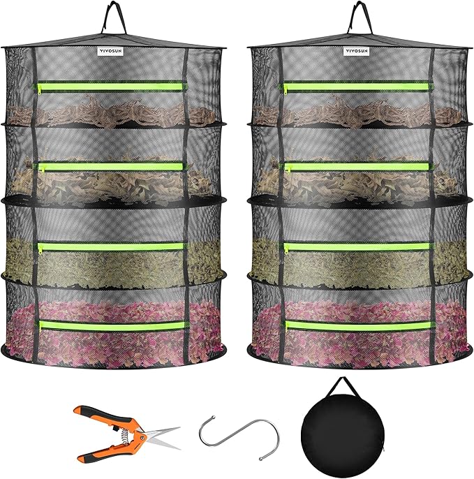 VIVOSUN 2-Pack 4-Layer Mesh Drying Rack Hanging Design with Green Zippers for Dehydrating, Indoor and Outdoor (Pruning Shears Included)