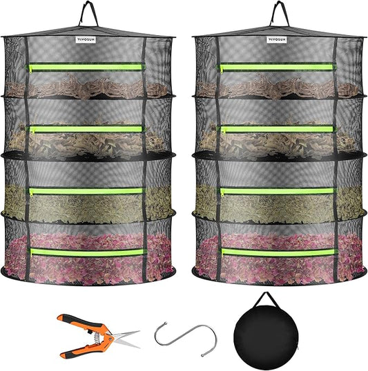 VIVOSUN 2-Pack 4-Layer Mesh Drying Rack Hanging Design with Green Zippers for Dehydrating, Indoor and Outdoor (Pruning Shears Included)