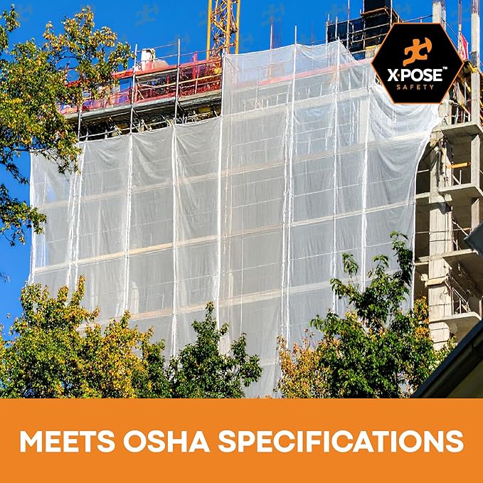 Xpose Safety Construction Safety Debris Netting - 150 Ft Temporary Material Roll, 1/16" Mesh Scaffold Net Enclosure, Visibility Barrier, Fencing Roll, Heavy Duty Fire Retardant 8.5 ft x 150 ft, White