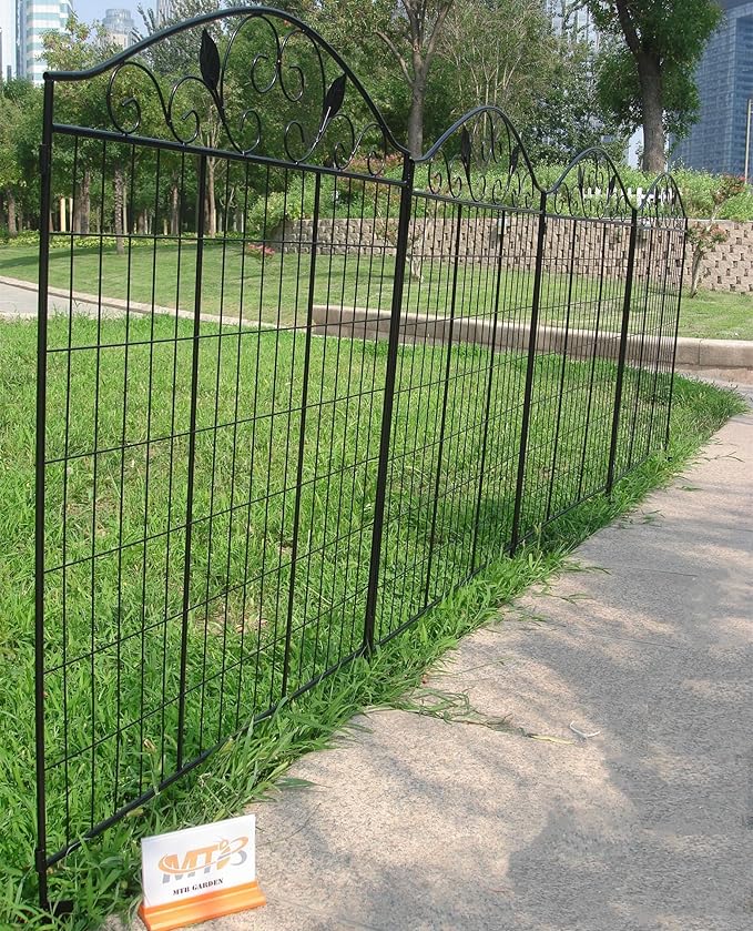 Black Coated Steel Decorative Garden Fence Panel 2 Leaves, 44" H 36‘’ W (Linear Length 12 feet) Metal Border Folding Fence Wire Border Fencing Folding Patio Flower Barrier Section Panel, Pack of 4