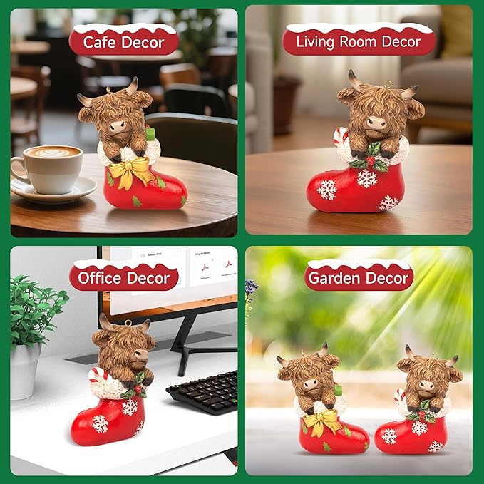 Chritmas Highland Cow Figurines Decor, 2 PCS Small Christmas Stockings Hidden Cows Gifts, Hanging Ornaments Xmas Resin Statue for Garden Bathroom Kitchen Home Table Decorations
