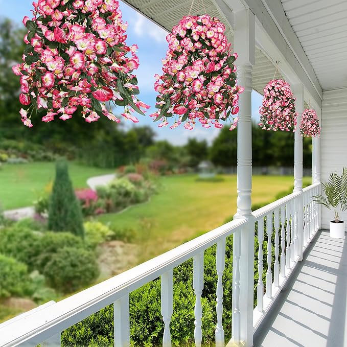 Sggvecsy Artificial Fake Hanging Flowers Plants for Outdoor Outside Spring Summer Decoration 4PCS Faux Silk UV Resistant Realistic Morning Glory Trailing Vines for Home Porch Patio Balcony(Pink)