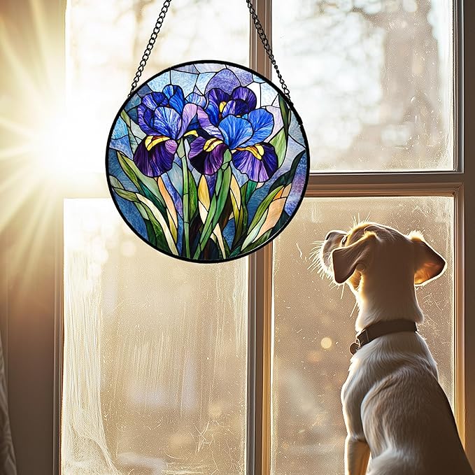 Stained Glass Window Hanging - Blue Purple Iris Flower Suncatcher for Door Garden Patio Sun Catchers Decor Christmas Mother's Day Birthday Gifts for Women Men Mom Nana Aunt Friend 7.8 in