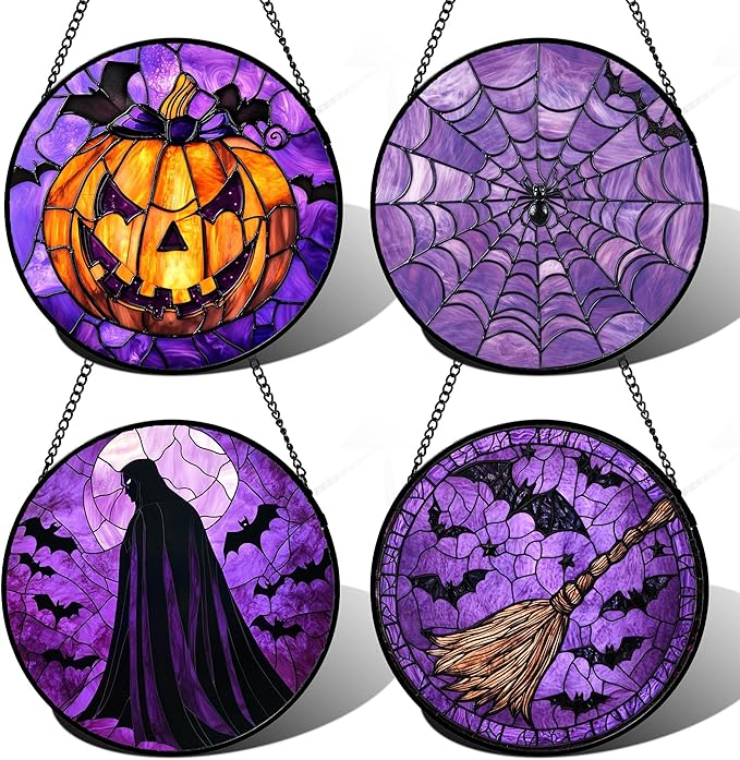 Stained Glass Window Hanging 4 Pcs Set Purple Gothic Theme 9.8" - Horror Halloween Suncatcher Door Garden Sun Catcher Decor Birthday White Elephant Gifts for Mom Woman Men Friend