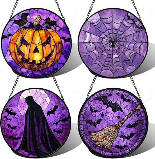 Stained Glass Window Hanging 4 Pcs Set Purple Gothic Theme 6.3" - Horror Halloween Suncatcher Door Garden Sun Catcher Decor Birthday White Elephant Gifts for Mom Woman Men Friend