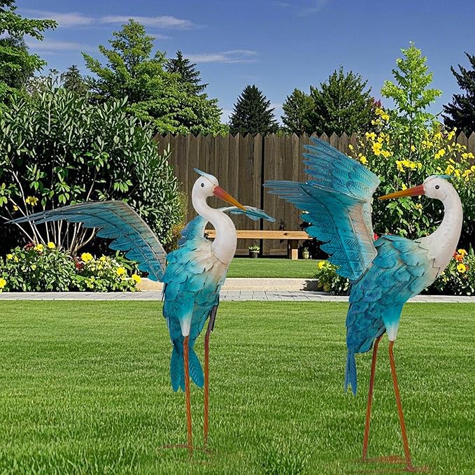 Natelf Garden Decor Blue Heron, Large Standing Metal Crane Garden Statue, Yard Art Lawn Ornaments for Yard Patio Porch Outside Decorations