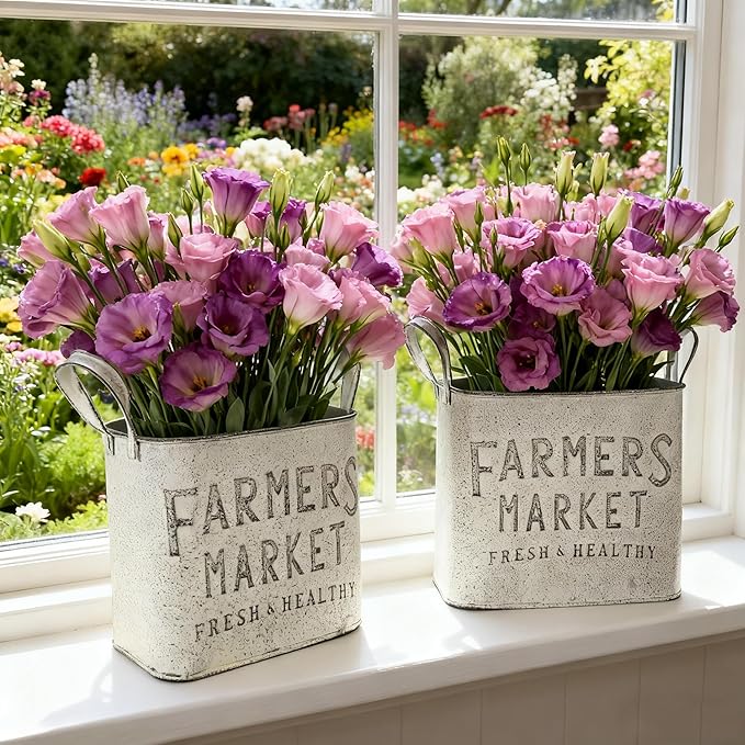 Vintage Metal Flower Planter Buckets with Handle Set of 2 Rustic Metal Flower Pots Farmhouse Plant Containers for Herb Succulent, Indoor Outdoor Garden Home Yard Bathroom Kitchen Decor (White)
