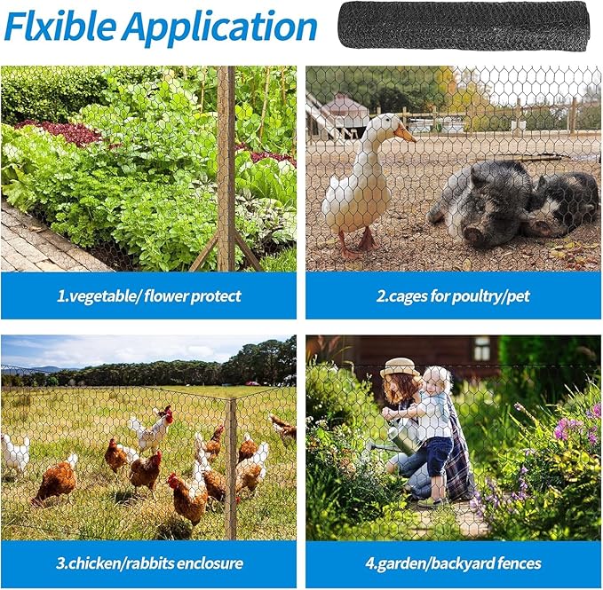 36'' x 50' Black Chicken Wire Fencing, 1 inch Chicken Wire and 20 Gauge Poultry Netting, Garden Mesh Fence Roll for Floral Arrangements/Crafts/Farm/Livestock/Pet Protection