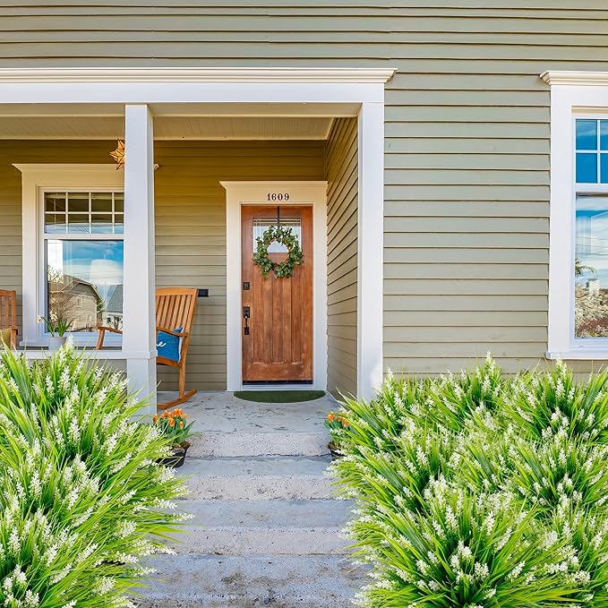 Sggvecsy 24 Bundles Artificial Plants Outdoor Faux Lavender Flowers Fake Monkey Grass UV Resistant Plastic Greenery Plants for Garden Home Porch Window Patio Hanging Planter Indoor Decor (White)