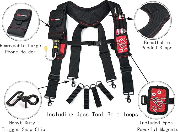 MELOTOUGH Magnetic Tool Belt Suspenders with Magnetic WristBand for Work Belt Padded Suspenders Constrcution