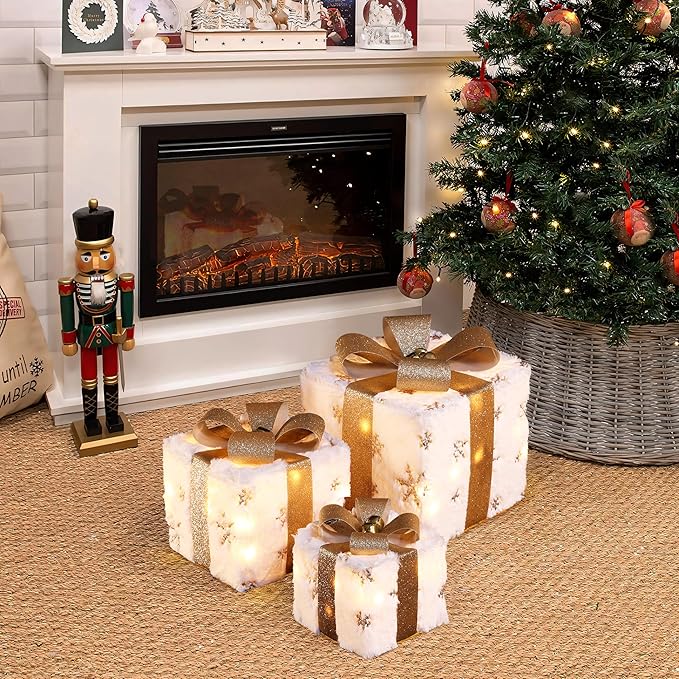 LuxenHome Set of 3 Lighted Gift Boxes, Battery Operated Plush Fabric with Gold Ribbon Bow Boxes for Xmas, Lawn, Porch, Under Tree Indoor, Outdoor Christmas Decorations