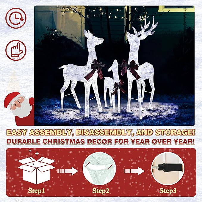 MUPATER Outdoor Christmas Decoration Lighted Deer Family Set Indoor, Christmas Holiday Yard Decor 3-Piece Moose Set for Lawn and Party with Lights, Ground Stakes and Zip Ties, White