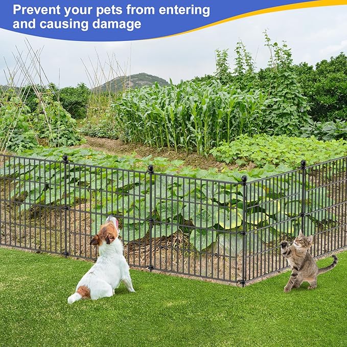 10 Panels No Dig Garden Fence Outdoor for Yard, 24 in(H) X 20 ft(L) Animal Barrier Pet Fencing Rustproof Decorative Metal Wire Panel Border for Dog, Rabbits, and Patio Temporary Ground Stakes