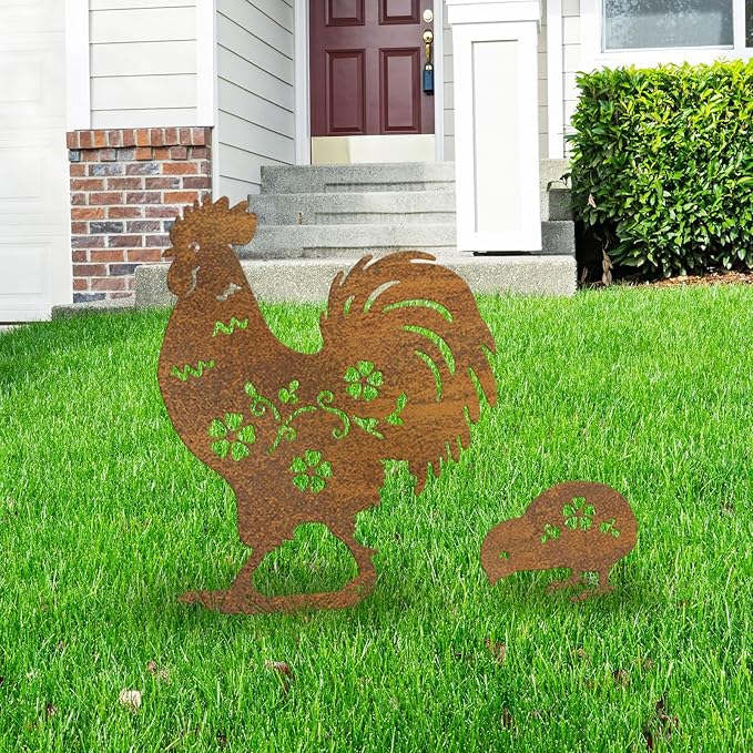 Metal Chicken Garden Decor Outdoor, Chicken Gifts for Women/Men/Chicken Lovers Gifts,Black Chicken Silhouette Statues Garden Decor for Outdoor Decor,Yard Art,Backyard,Patio,Lawn Ornaments (Gold)