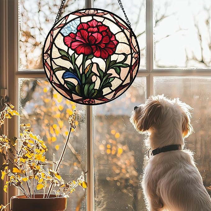 Stained Glass Window Hanging - Red Carnation Birth Flower Sun Catcher for Door Garden Home Decor Suncatcher Christmas Mother's Day Birthday Gifts for Women Men Mom Nana Friend Wife 6.3 in
