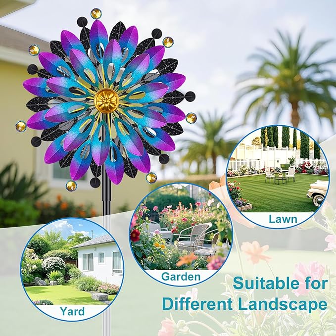 Metal Wind Spinner Outdoor - 63 inch Large Double Kinetic Art Garden Wind Sculpture & Spinners 360° Dual Direction Swivel Waterproof Windmill for Yard Patio Lawn Decoration