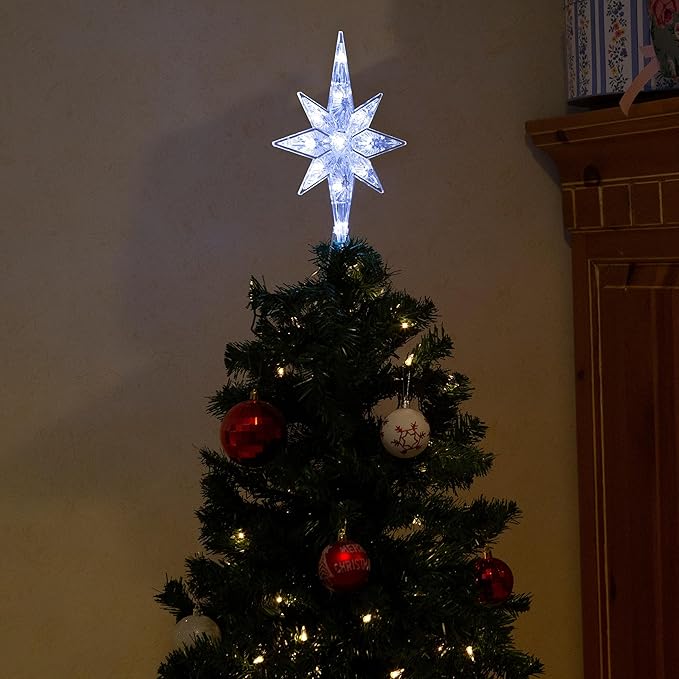 Alpine Corporation 13" H Snowflake 8-Point Tree Toppers with 31 Cool White LED Lights, Christmas Decoration