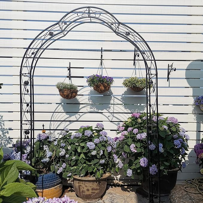 Metal Garden Arch, Assembly Garden Arbor Trellis Climbing Plants Support Rose Arch Outdoor Wedding Arch Party Events Archway (W59'' x H98.4'', Black)