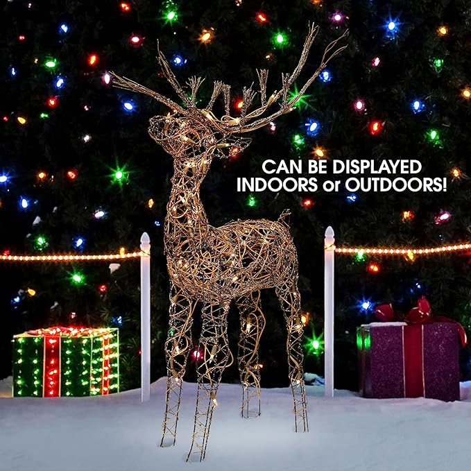 Alpine Corporation 35" Tall Outdoor Lighted Rattan Reindeer Christmas Yard Decoration with 60 Warm White LED Lights for Lawn Display, Brown