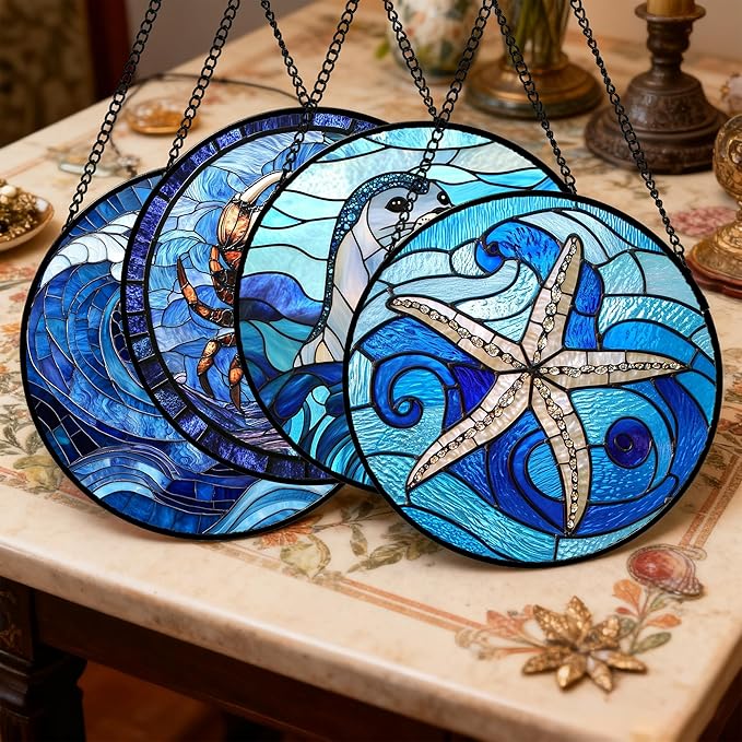 Stained Glass Window Hanging 4 Pcs Set Blue Ocean Waves 9.8" - Starfish Crab Seal Suncatcher Door Garden Sun Catcher Decor Birthday for Mom Woman Nana Men Friend